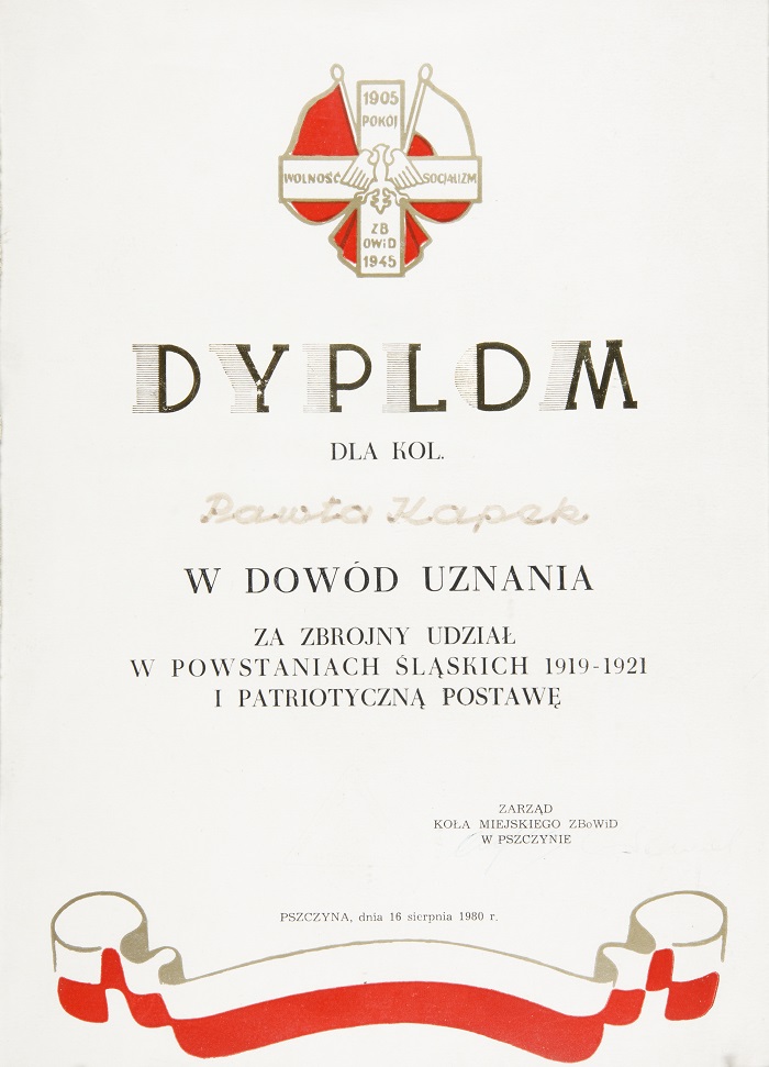 Dyplom przyznany Pawłowi Kapkowi w dowód uznania za zbrojny udział w powstaniach śląskich i patriotyczną postawę