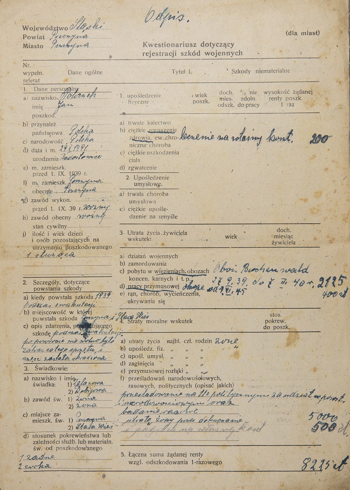 Jan Poloczek - Kwestionariusz dotyczący rejestracji szkód wojennych 25 lipca 1945 r.