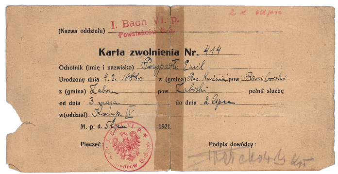 Karta zwolnienia
Emila Przypadły wystawiona po III powstaniu śląskim