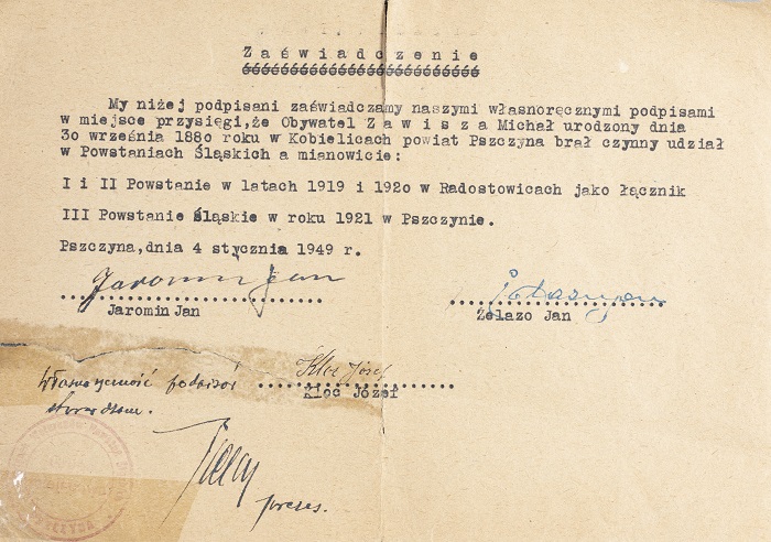 Zaświadczenie o udziale Michała Zawiszy w I, II i III powstaniu śląskim, 1949 r.