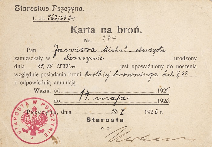 Karta na broń wydana dla
oberżysty Michała Zawiszy w 1925 r