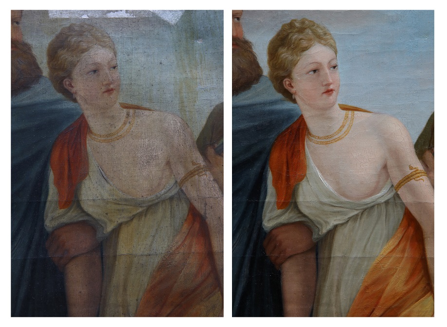 fragment obrazu przed i po konserwacji